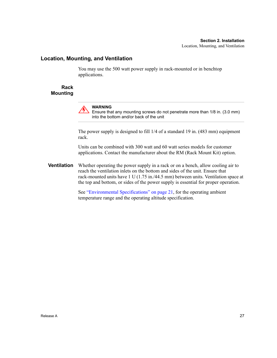 Location, mounting, and ventilation, Rack mounting, Ventilation | Rack mounting ventilation, Location, mounting, and | Xantrex Technology XPD 60-9 User Manual | Page 29 / 56