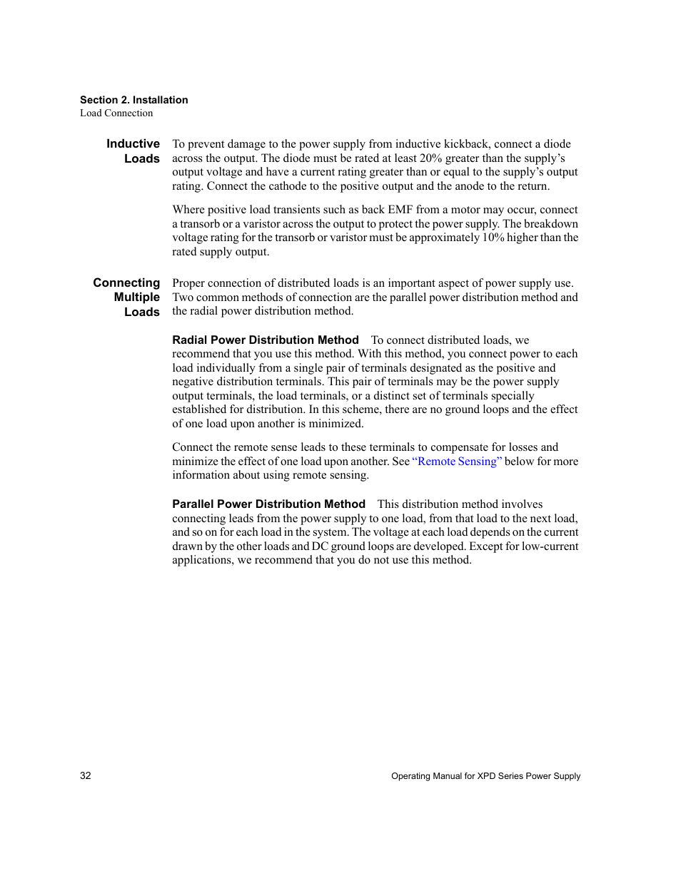 Inductive loads, Connecting multiple loads, Radial power distribution method | Parallel power distribution method, Inductive loads connecting multiple loads | Xantrex Technology XPD 60-9 User Manual | Page 34 / 56