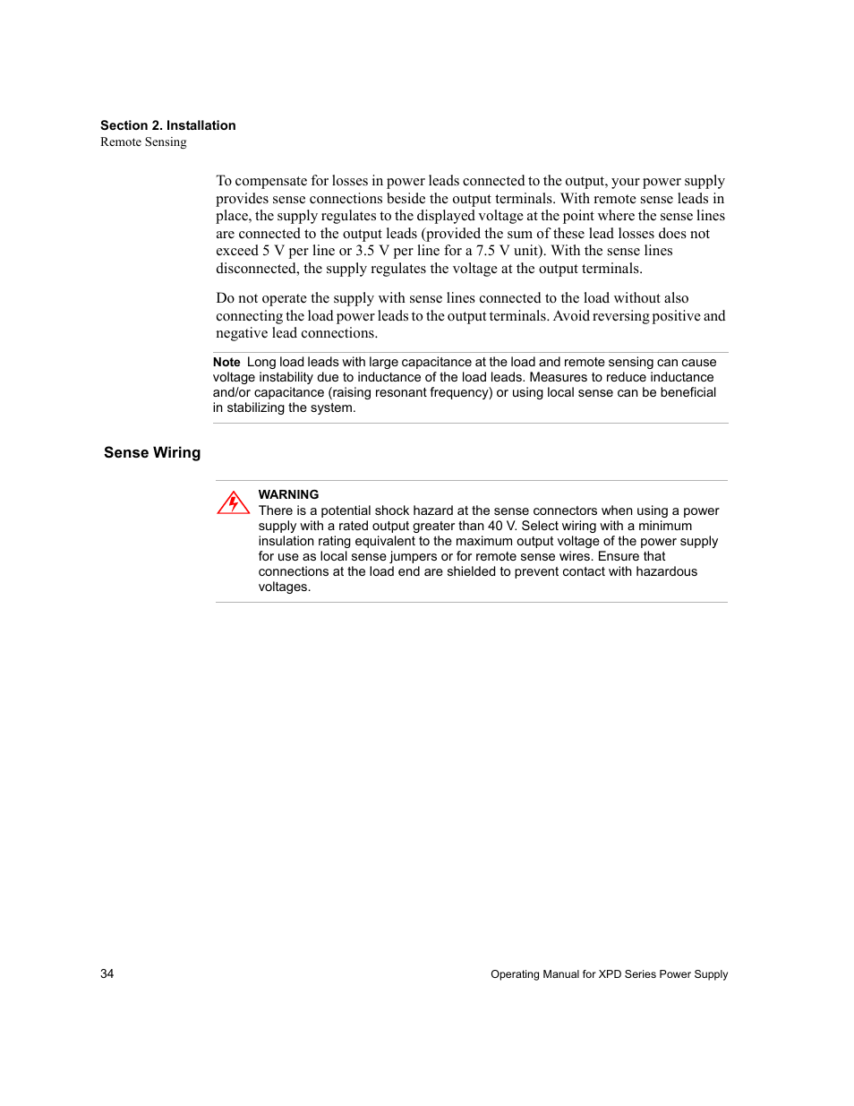 Note, Sense wiring | Xantrex Technology XPD 60-9 User Manual | Page 36 / 56