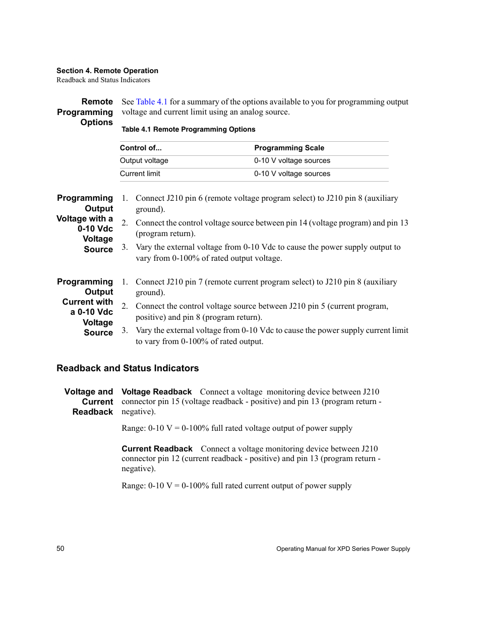 Remote programming options, Readback and status indicators, Voltage and current readback | Voltage readback, Current readback | Xantrex Technology XPD 60-9 User Manual | Page 52 / 56