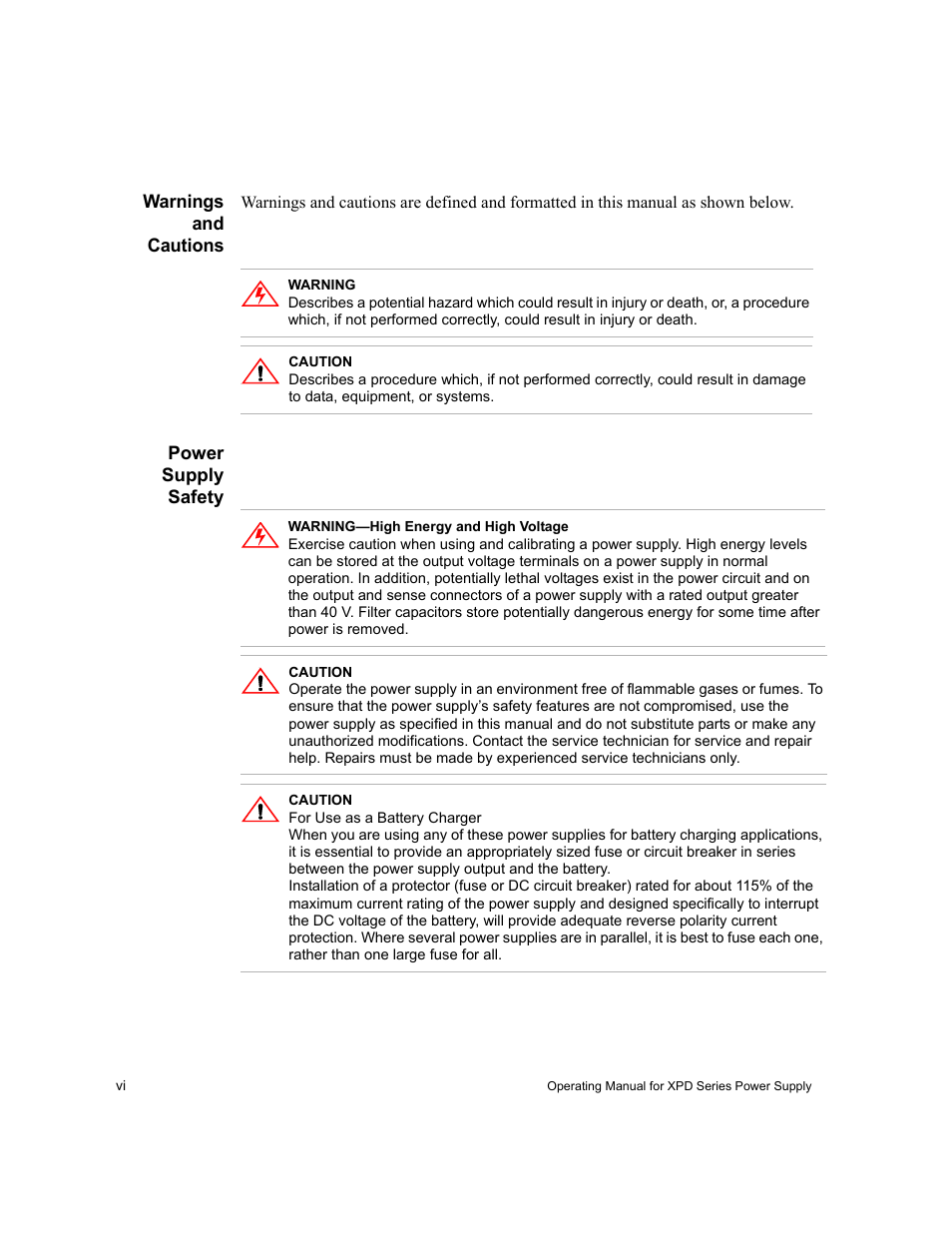 Warnings and cautions, Power supply safety | Xantrex Technology XPD 60-9 User Manual | Page 8 / 56