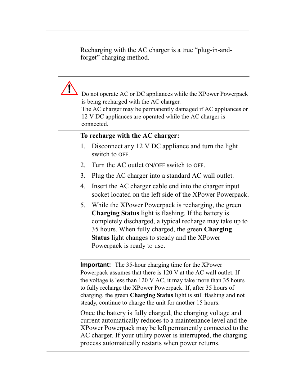 Recharging with the ac charger, Caution | Xantrex Technology 600HD User Manual | Page 40 / 64