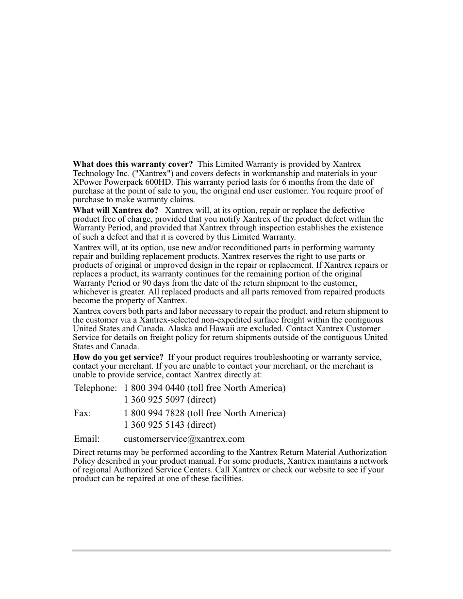 Warranty, Warranty and return information | Xantrex Technology 600HD User Manual | Page 56 / 64