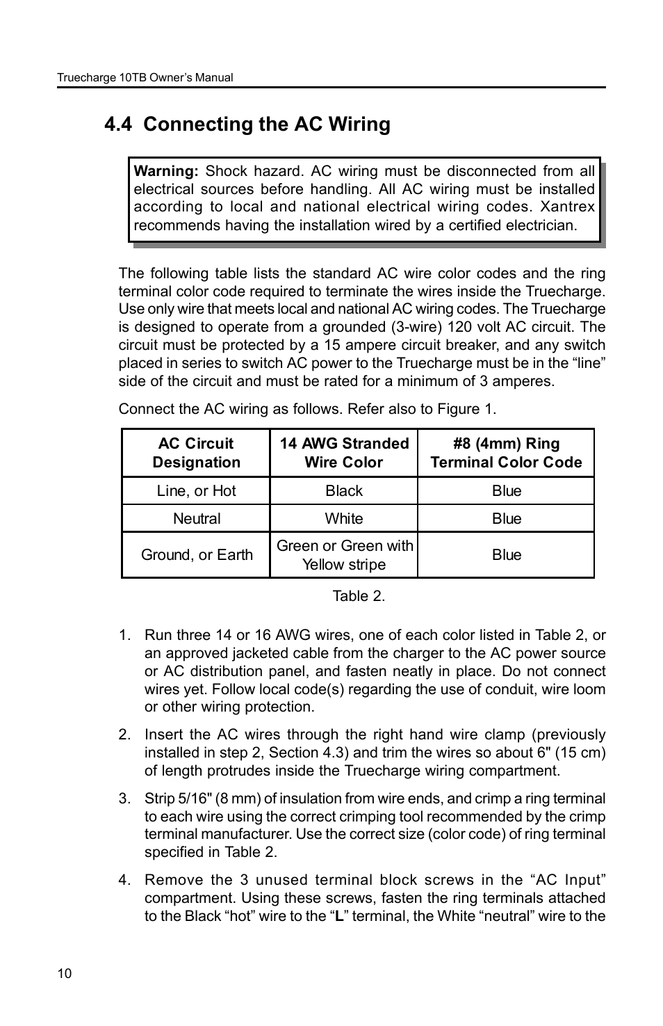 4 connecting the ac wiring | Xantrex Technology TC10TB User Manual | Page 13 / 26