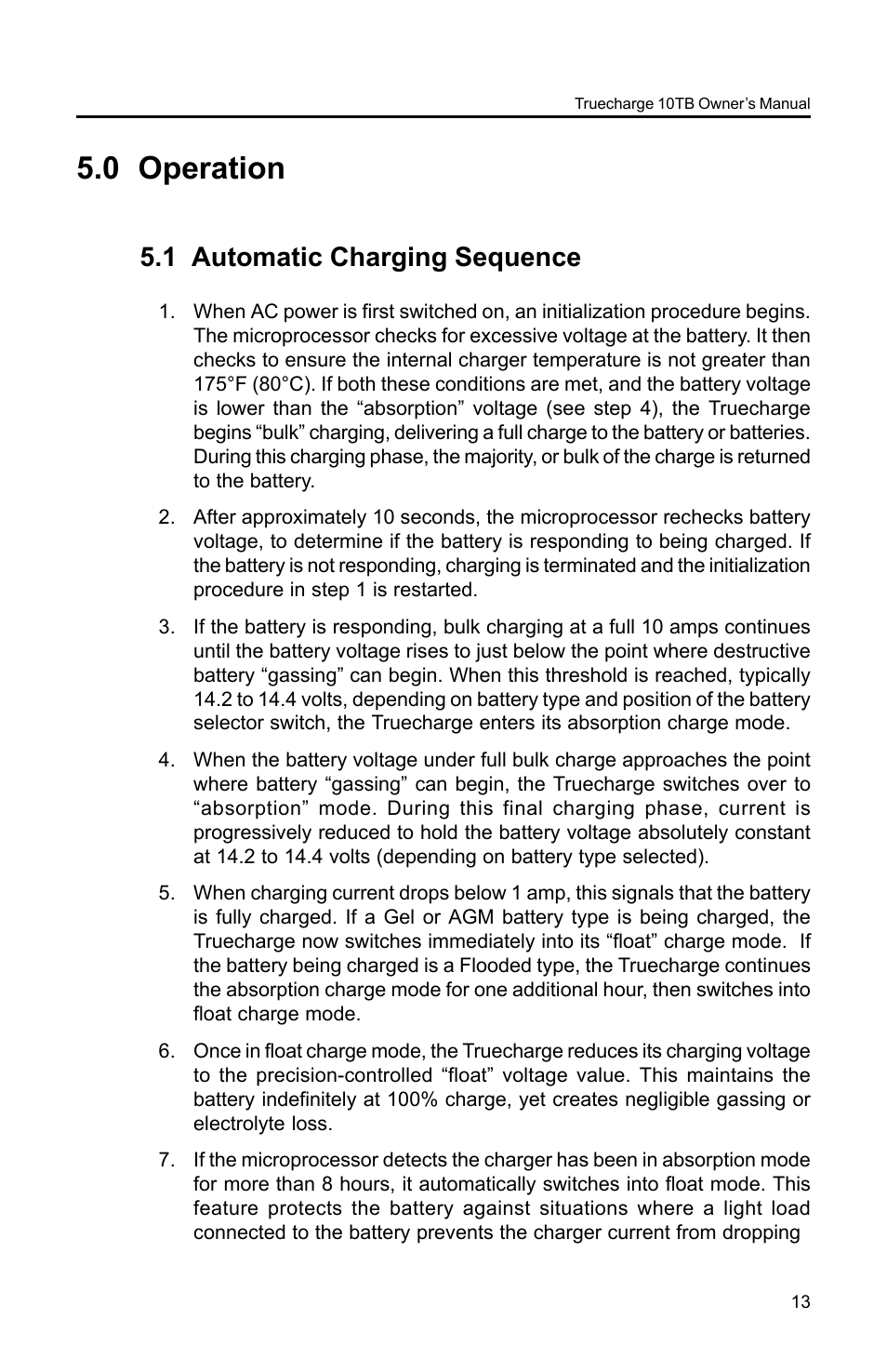 0 operation, 1 automatic charging sequence | Xantrex Technology TC10TB User Manual | Page 16 / 26