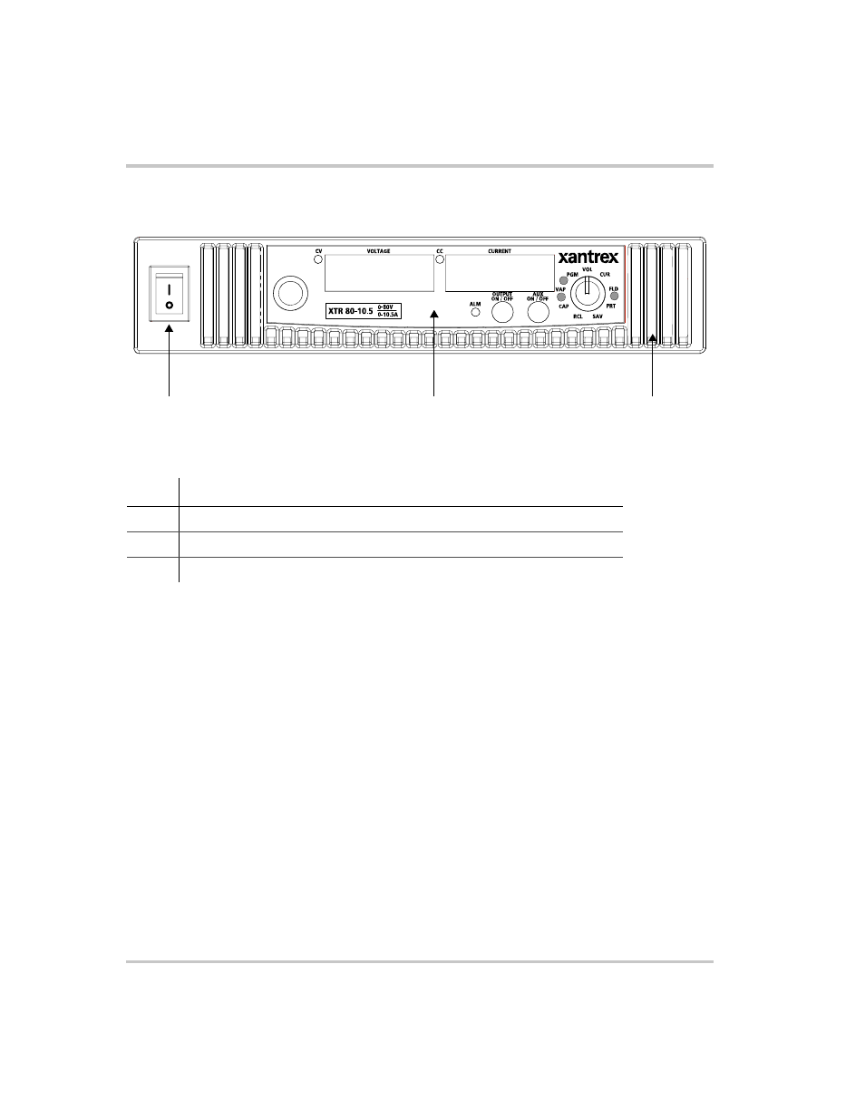 Front panel for xtr 850 watt and xtr 1700 watt, Front panel for xtr, Figure 1-1 | Front panel: xtr 85 | Xantrex Technology XTR 850 Watt User Manual | Page 26 / 274