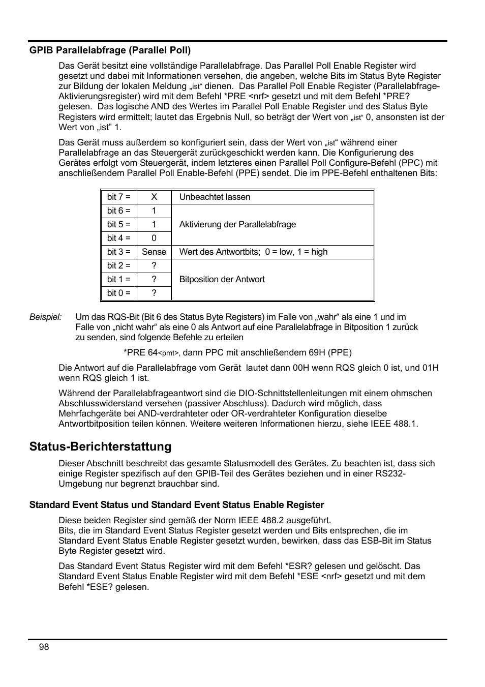 Gpib parallelabfrage (parallel poll), Status-berichterstattung | Xantrex Technology XDL 35-5T User Manual | Page 100 / 180