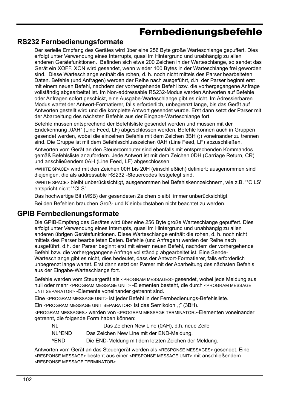 Fernbedienungsbefehle, Rs232 fernbedienungsformate, Gpib fernbedienungsformate | Xantrex Technology XDL 35-5T User Manual | Page 104 / 180