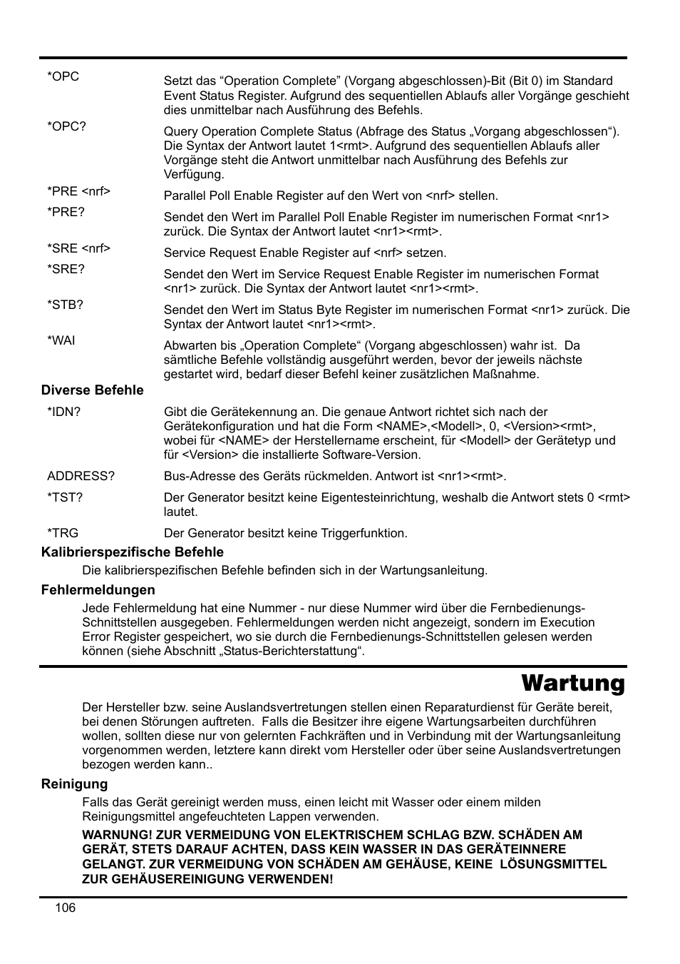 Pre <nrf, Sre <nrf, Diverse befehle | Kalibrierspezifische befehle, Fehlermeldungen, Wartung, Reinigung | Xantrex Technology XDL 35-5T User Manual | Page 108 / 180