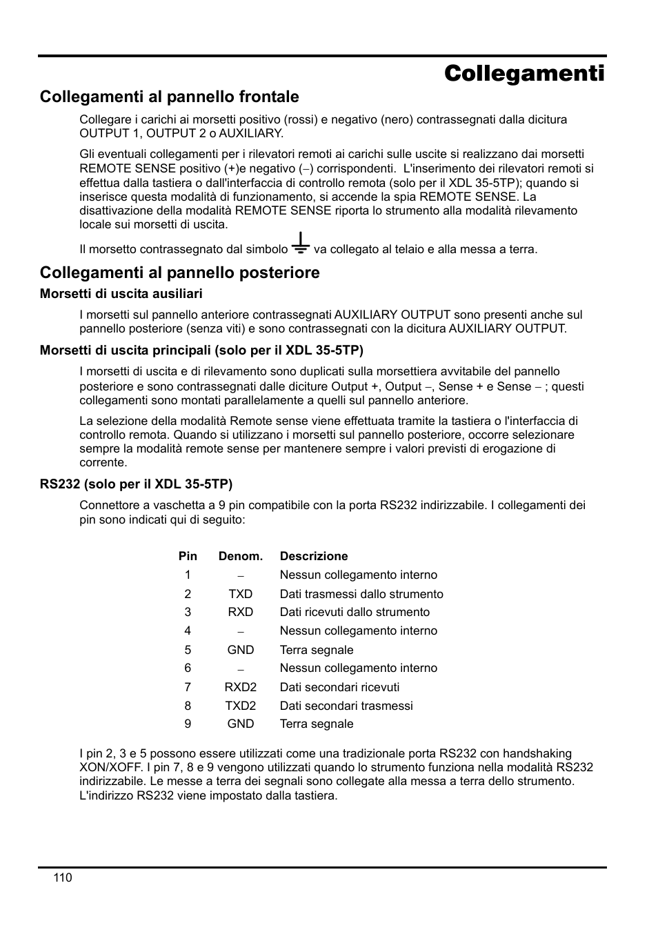 Collegamenti, Collegamenti al pannello frontale, Collegamenti al pannello posteriore | Morsetti di uscita ausiliari, Rs232 (solo per il xdl 35-5tp), Descrizione | Xantrex Technology XDL 35-5T User Manual | Page 112 / 180