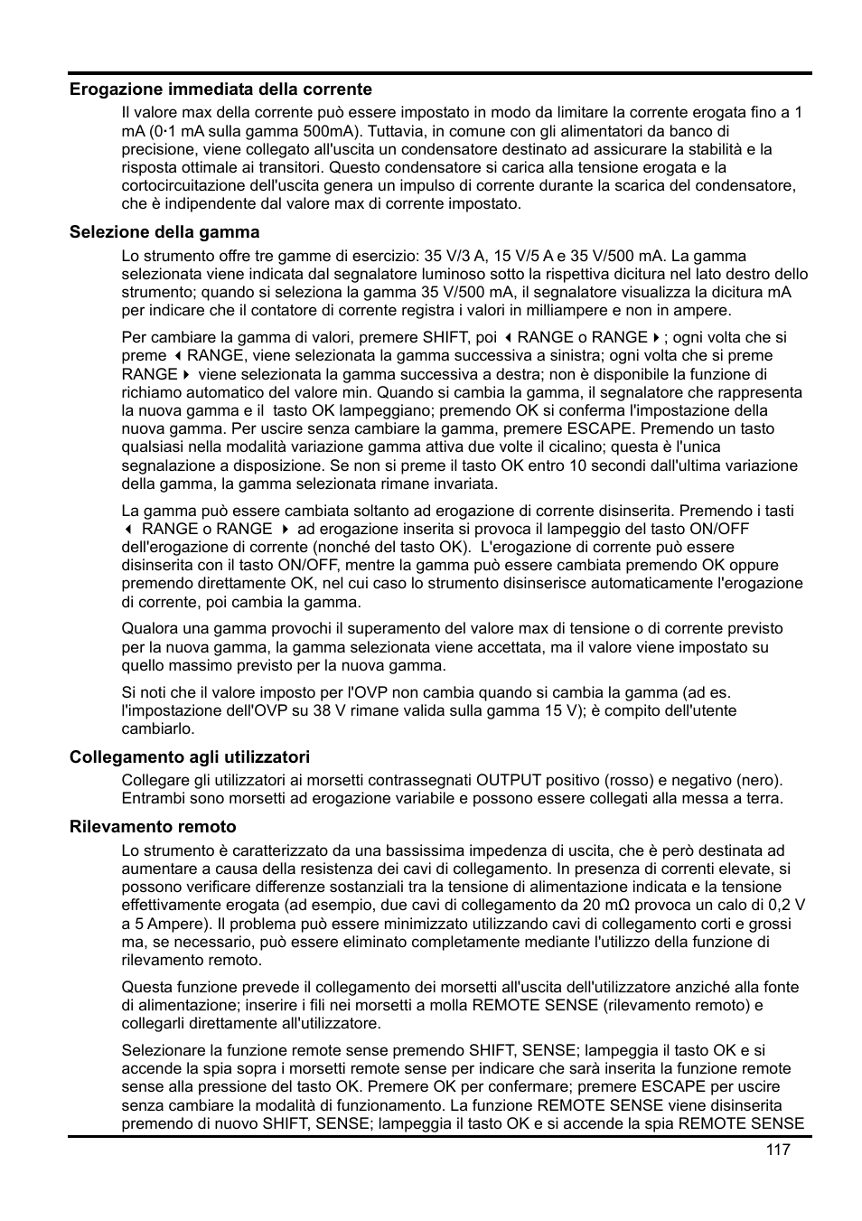 Erogazione immediata della corrente, Selezione della gamma, Collegamento agli utilizzatori | Rilevamento remoto | Xantrex Technology XDL 35-5T User Manual | Page 119 / 180