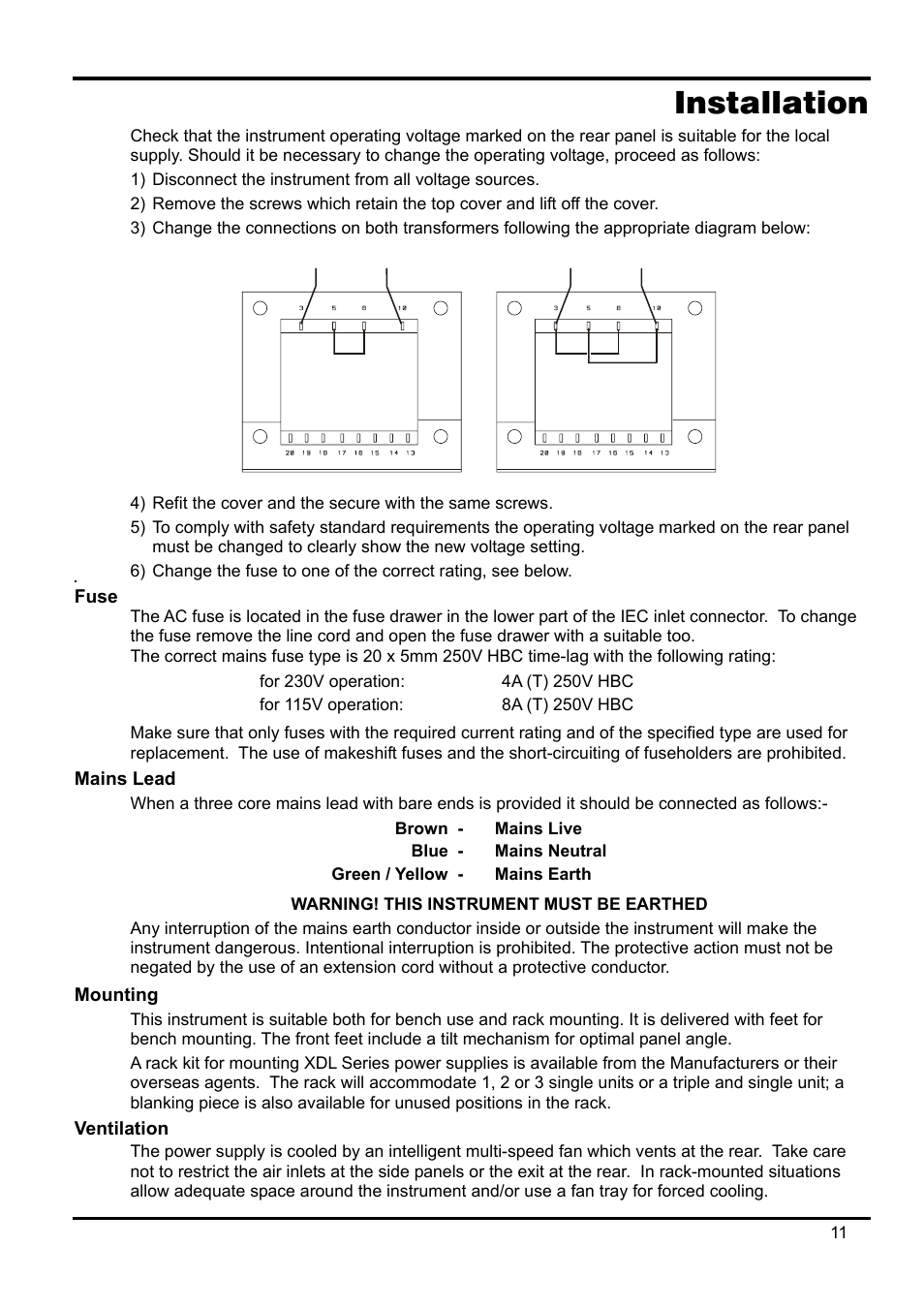 Installation, Fuse, Mains lead | Mounting, Ventilation | Xantrex Technology XDL 35-5T User Manual | Page 12 / 180