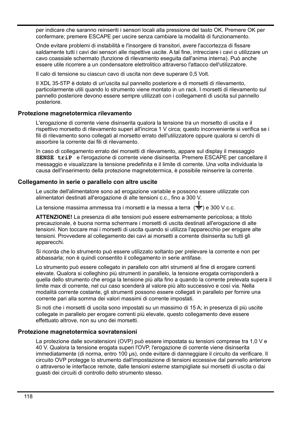 Protezione magnetotermica rilevamento, Collegamento in serie o parallelo con altre uscite, Protezione magnetotermica sovratensioni | Xantrex Technology XDL 35-5T User Manual | Page 120 / 180