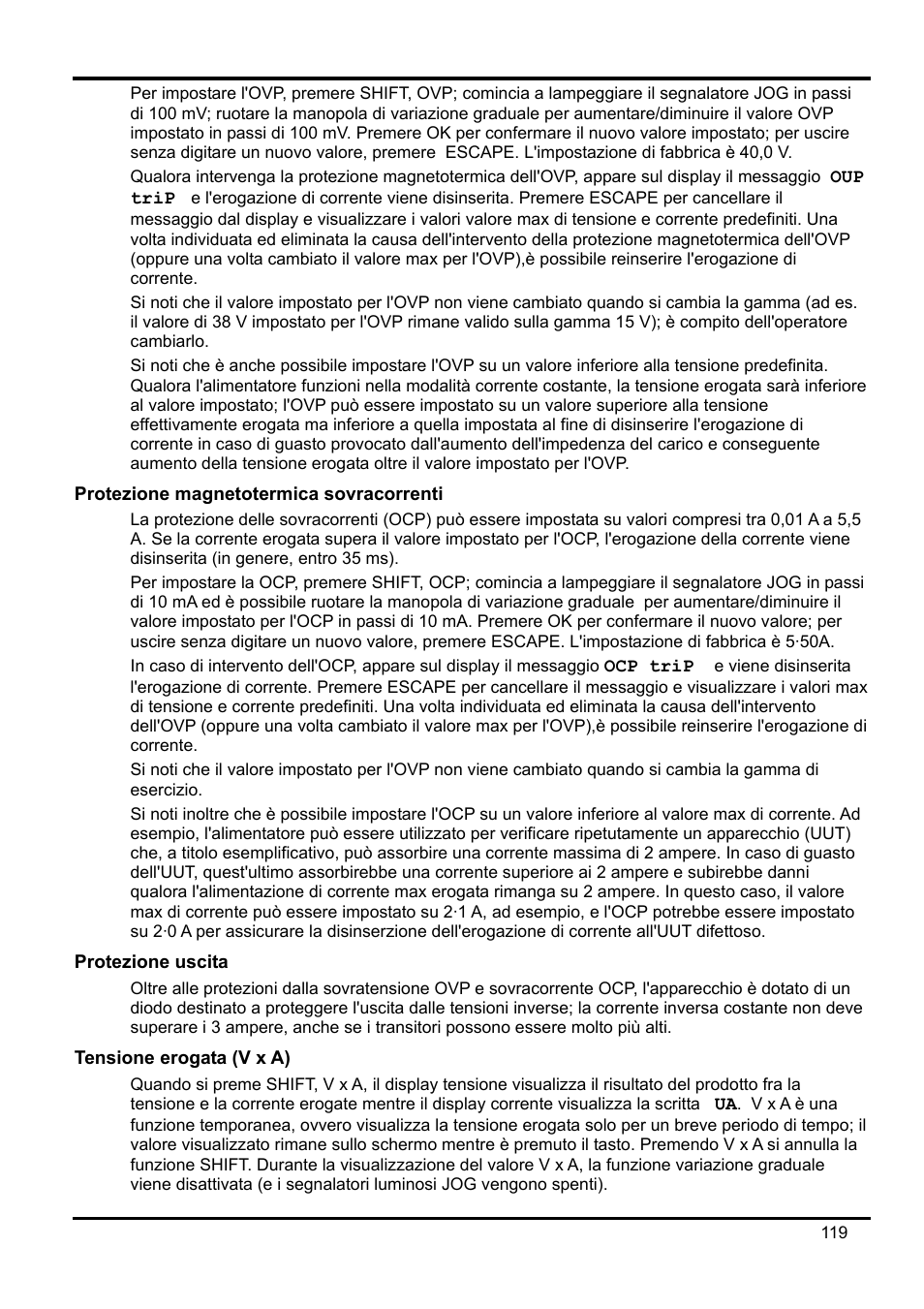 Protezione magnetotermica sovracorrenti, Protezione uscita, Tensione erogata (v x a) | Xantrex Technology XDL 35-5T User Manual | Page 121 / 180