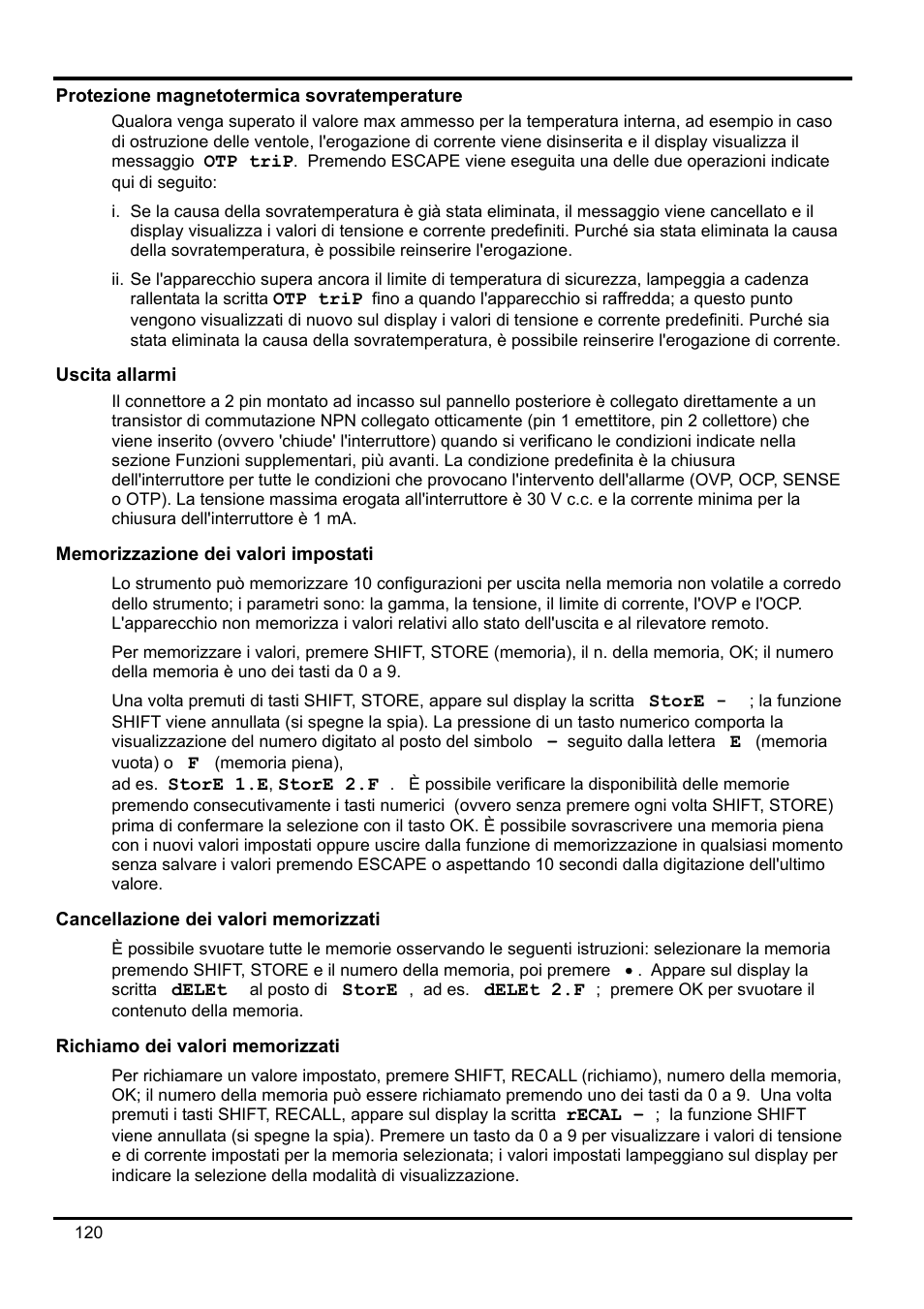 Protezione magnetotermica sovratemperature, Uscita allarmi, Memorizzazione dei valori impostati | Cancellazione dei valori memorizzati, Richiamo dei valori memorizzati | Xantrex Technology XDL 35-5T User Manual | Page 122 / 180