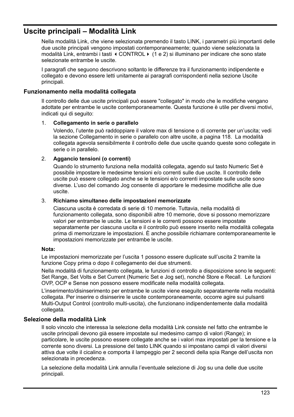 Uscite principali – modalità link, Funzionamento nella modalitá collegata, Selezione della modalità link | Xantrex Technology XDL 35-5T User Manual | Page 125 / 180