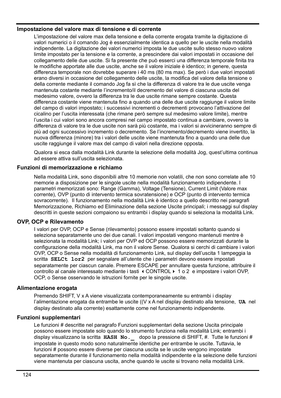 Funzioni di memorizzazione e richiamo, Ovp, ocp e rilevamento, Alimentazione erogata | Funzioni supplementari | Xantrex Technology XDL 35-5T User Manual | Page 126 / 180