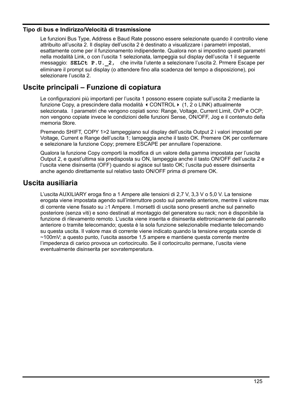 Tipo di bus e indirizzo/velocità di trasmissione, Uscite principali – funzione di copiatura, Uscita ausiliaria | Xantrex Technology XDL 35-5T User Manual | Page 127 / 180