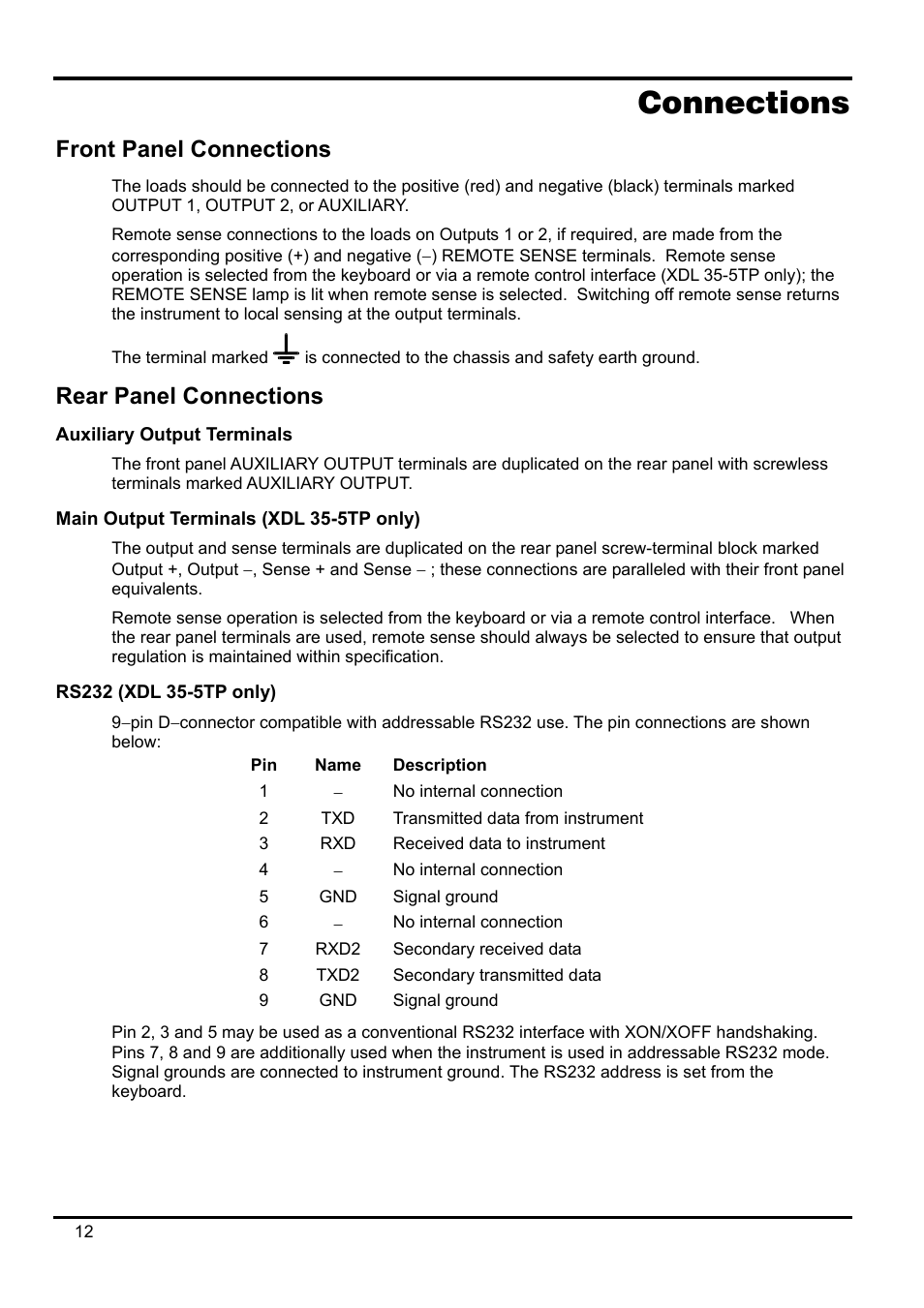 Connections, Front panel connections, Rear panel connections | Auxiliary output terminals, Main output terminals (xdl 35-5tp only), Rs232 (xdl 35-5tp only), Description | Xantrex Technology XDL 35-5T User Manual | Page 13 / 180