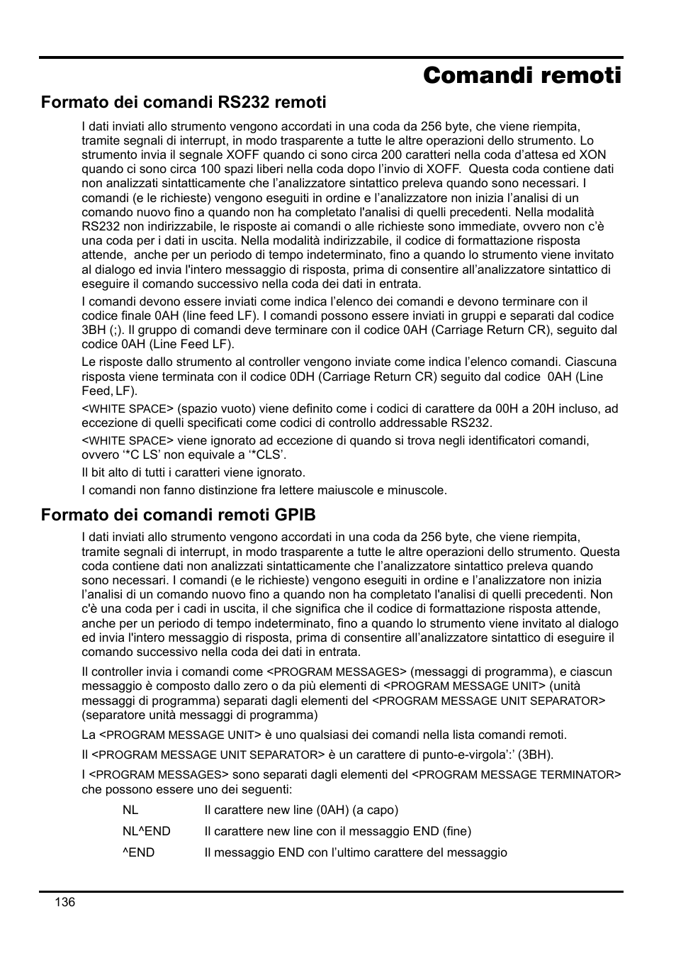 Comandi remoti, Formato dei comandi rs232 remoti, Formato dei comandi remoti gpib | Xantrex Technology XDL 35-5T User Manual | Page 138 / 180