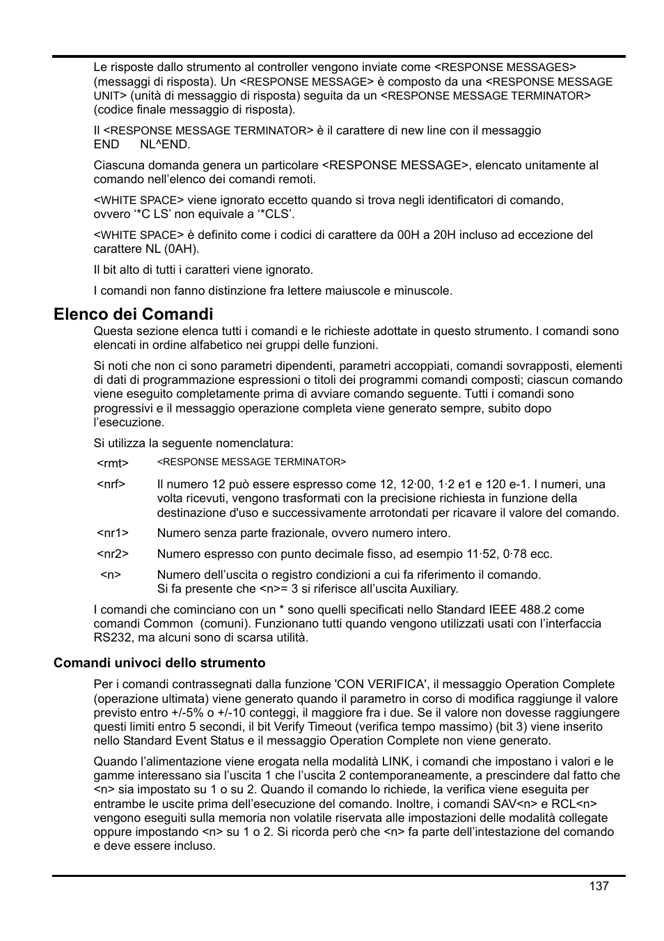 Elenco dei comandi, Comandi univoci dello strumento | Xantrex Technology XDL 35-5T User Manual | Page 139 / 180