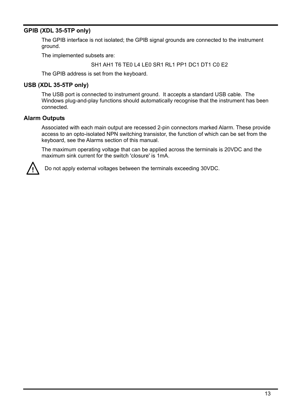Gpib (xdl 35-5tp only), Usb (xdl 35-5tp only), Alarm outputs | Xantrex Technology XDL 35-5T User Manual | Page 14 / 180