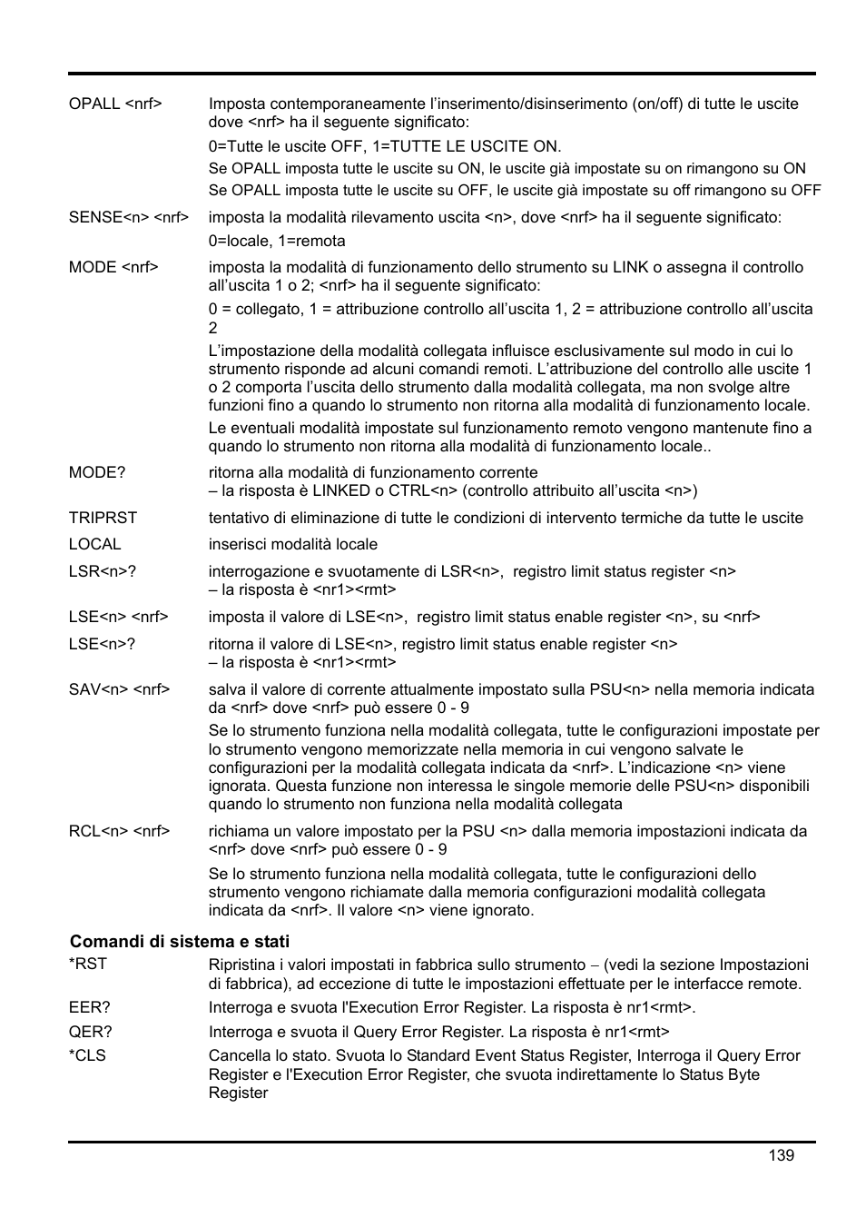 Comandi di sistema e stati | Xantrex Technology XDL 35-5T User Manual | Page 141 / 180