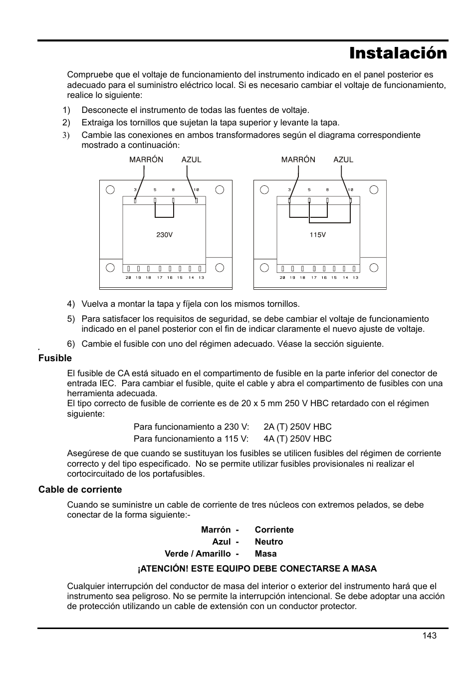 Instalación, Fusible, Cable de corriente | Xantrex Technology XDL 35-5T User Manual | Page 145 / 180