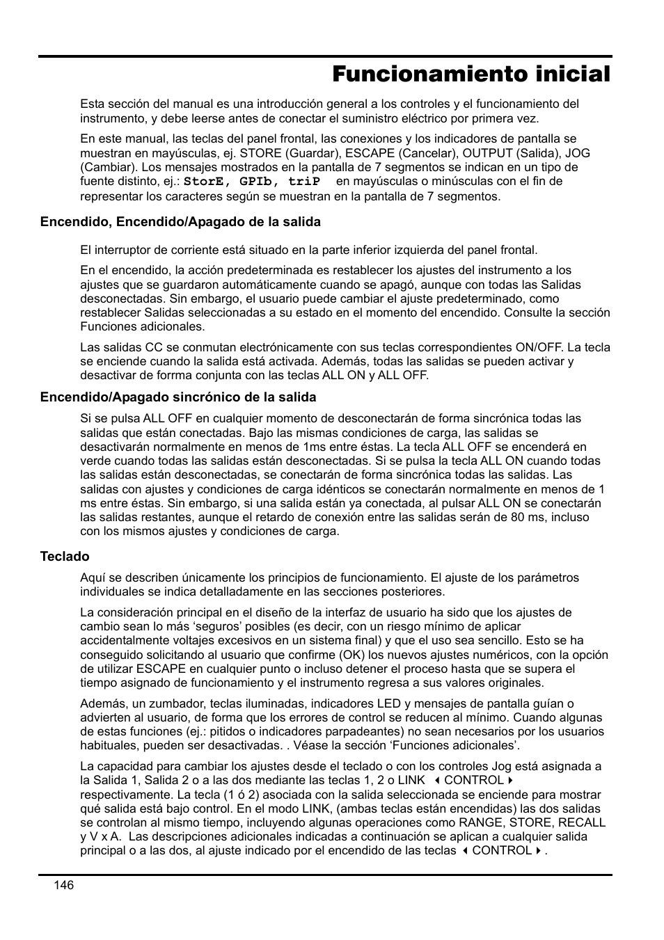 Funcionamiento inicial, Encendido, encendido/apagado de la salida, Teclado | Xantrex Technology XDL 35-5T User Manual | Page 148 / 180