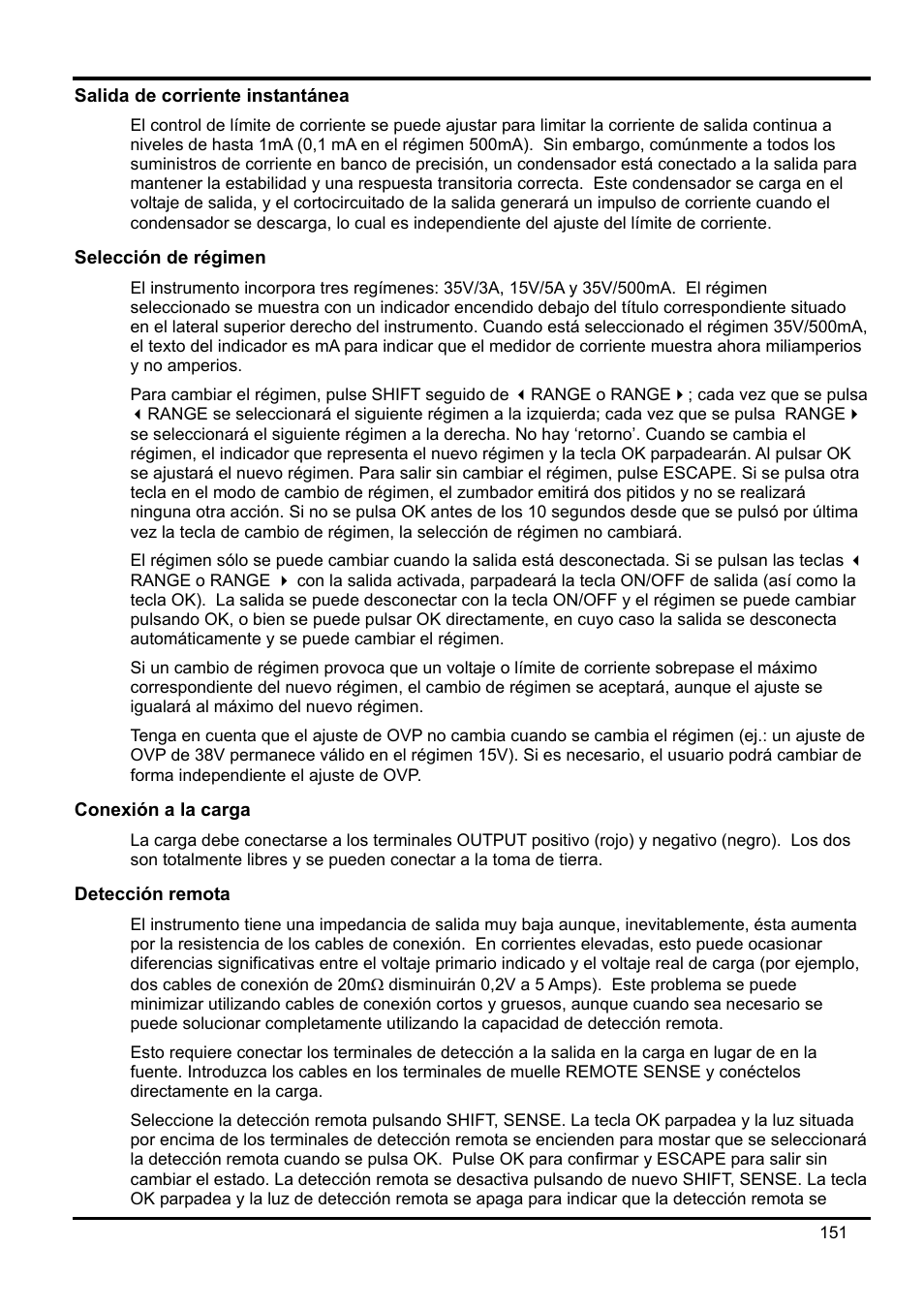 Salida de corriente instantánea, Selección de régimen, Conexión a la carga | Detección remota | Xantrex Technology XDL 35-5T User Manual | Page 153 / 180