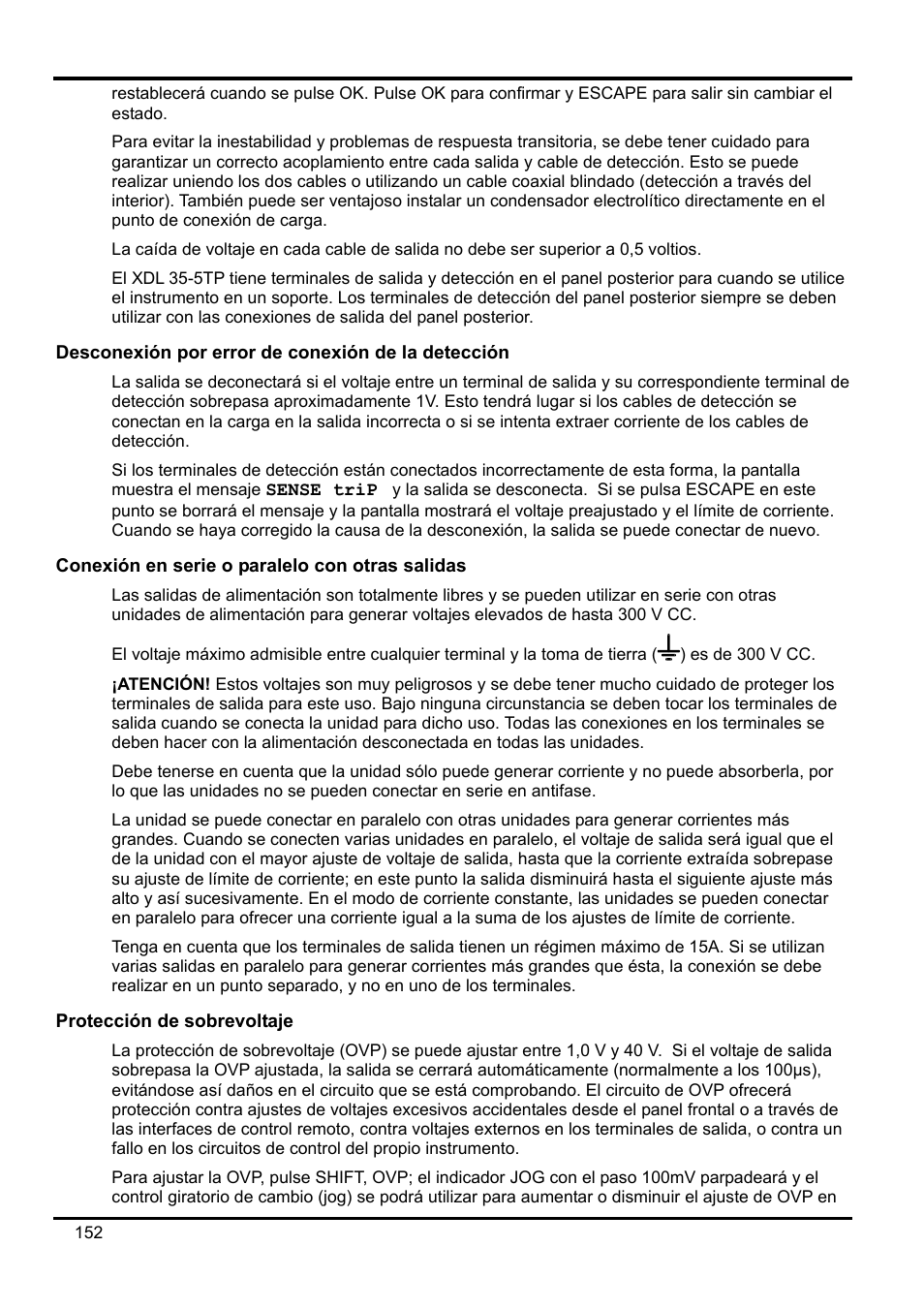 Desconexión por error de conexión de la detecci, Conexión en serie o paralelo con otras salidas, Protección de sobrevoltaje | Xantrex Technology XDL 35-5T User Manual | Page 154 / 180