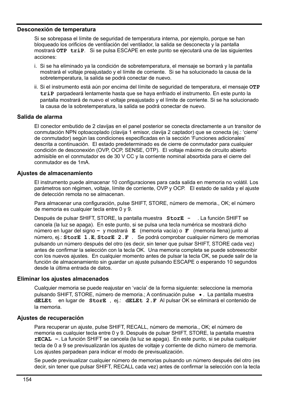 Desconexión de temperatura, Salida de alarma, Ajustes de almacenamiento | Eliminar los ajustes almacenados, Ajustes de recuperación | Xantrex Technology XDL 35-5T User Manual | Page 156 / 180