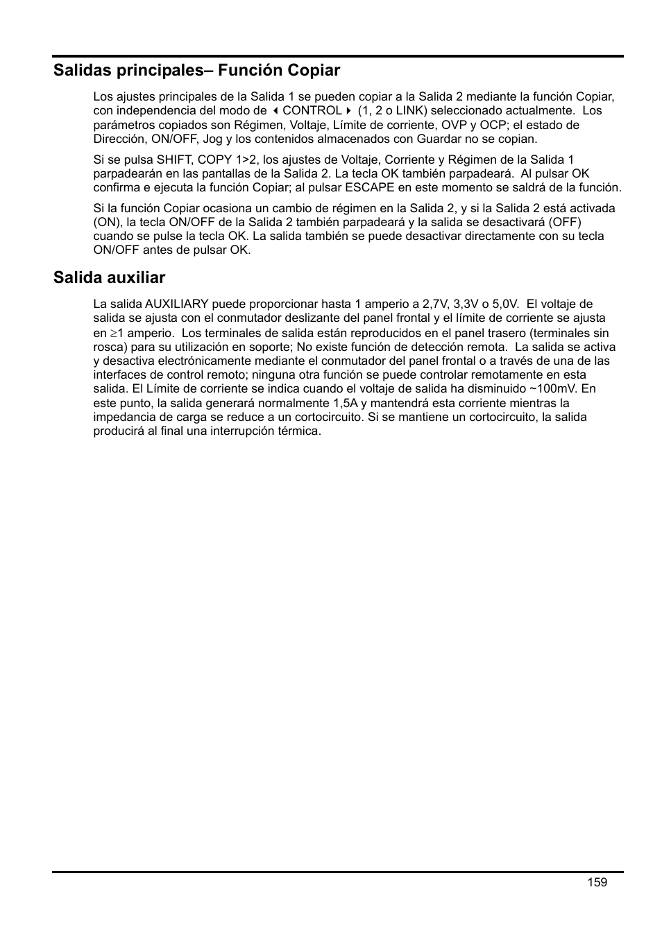 Salidas principales– función copiar, Salida auxiliar | Xantrex Technology XDL 35-5T User Manual | Page 161 / 180