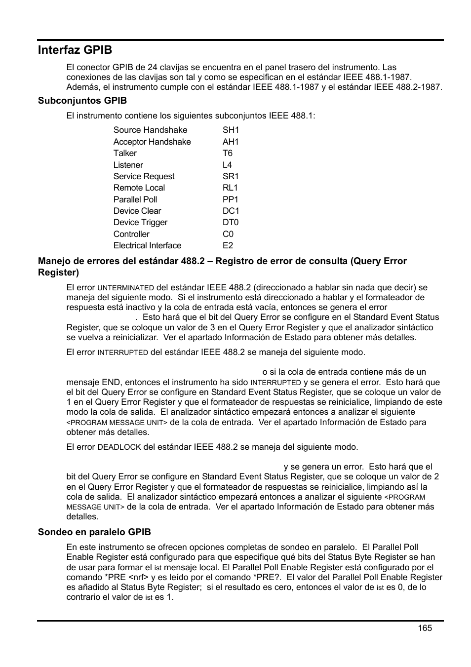 Interfaz gpib, Subconjuntos gpib, Manejo de errores del estándar 488.2 – registro | Sondeo en paralelo gpib | Xantrex Technology XDL 35-5T User Manual | Page 167 / 180