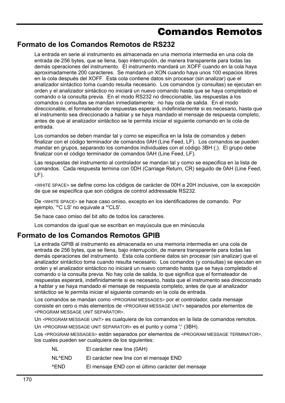 Comandos remotos, Formato de los comandos remotos de rs232, Formato de los comandos remotos gpib | Xantrex Technology XDL 35-5T User Manual | Page 172 / 180