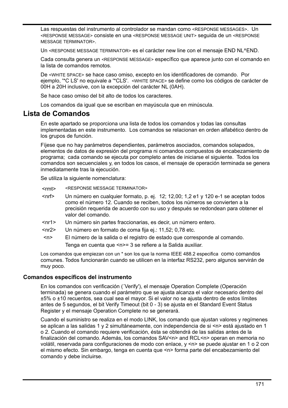 Lista de comandos, Comandos específicos del instrumento | Xantrex Technology XDL 35-5T User Manual | Page 173 / 180