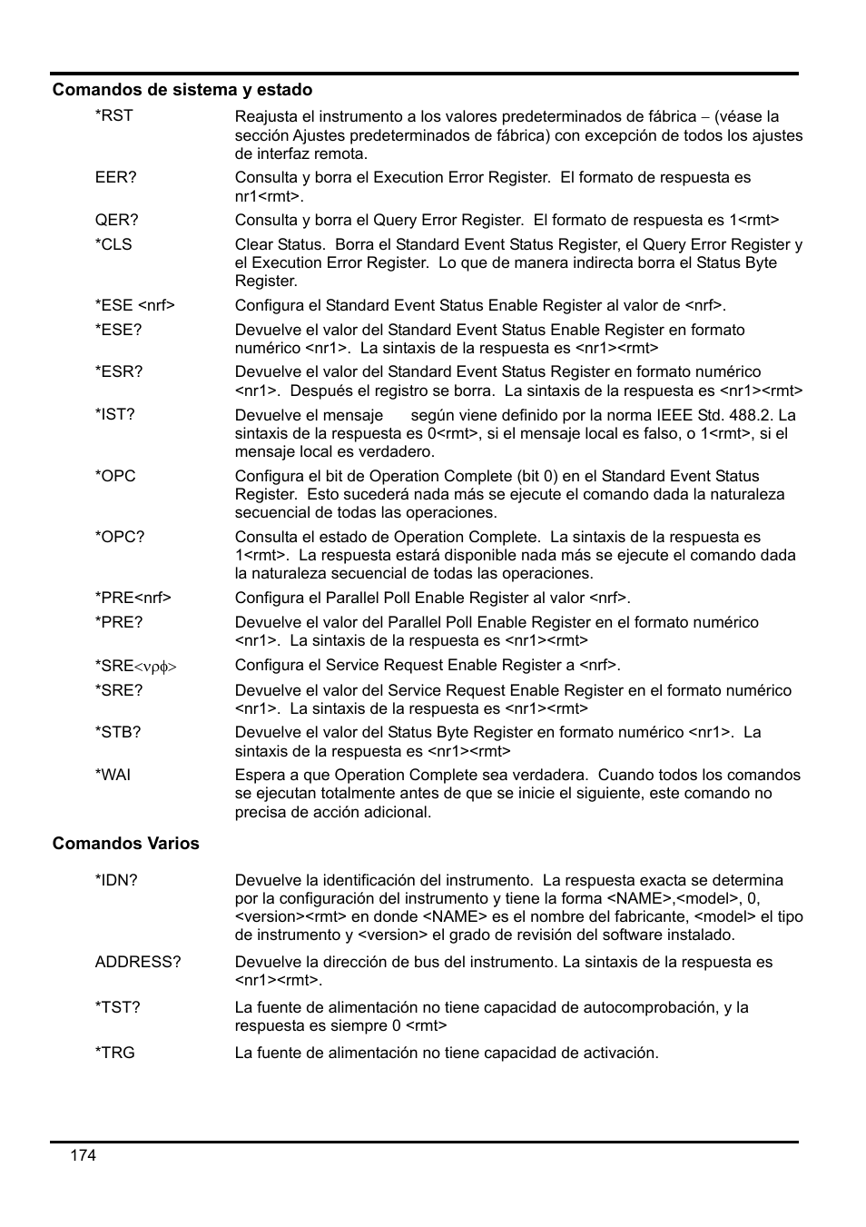 Comandos de sistema y estado, Ese <nrf, Pre<nrf | Comandos varios | Xantrex Technology XDL 35-5T User Manual | Page 176 / 180