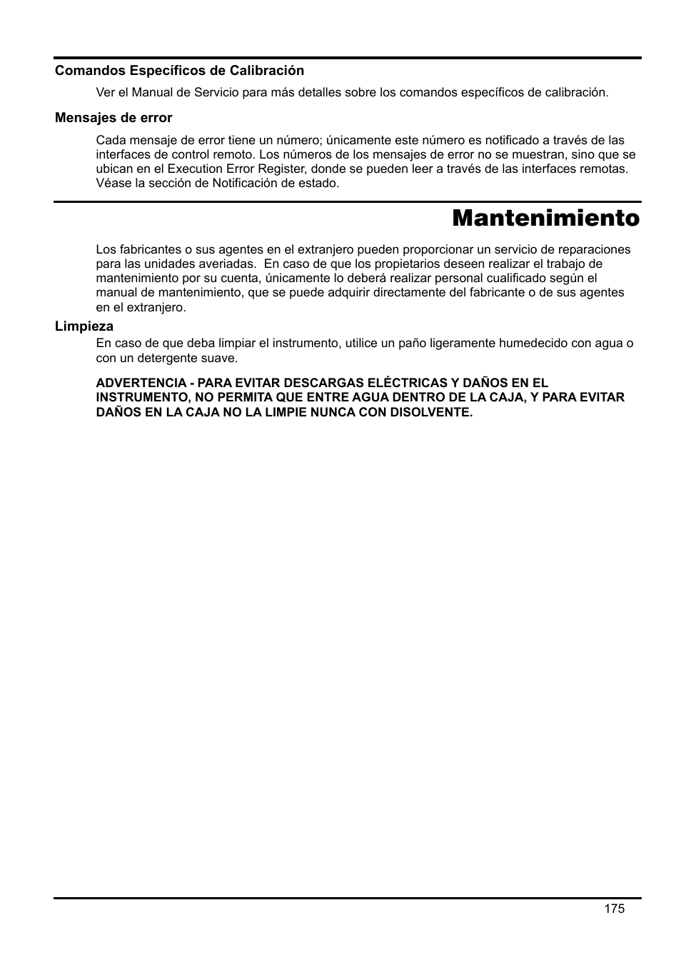 Comandos específicos de calibración, Mensajes de error, Mantenimiento | Limpieza | Xantrex Technology XDL 35-5T User Manual | Page 177 / 180