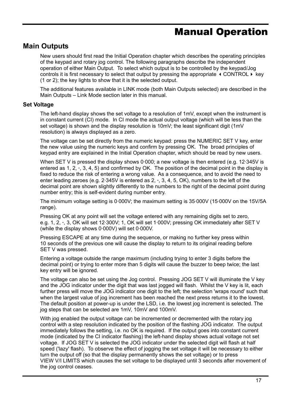 Manual operation, Main outputs, Set voltage | Xantrex Technology XDL 35-5T User Manual | Page 18 / 180