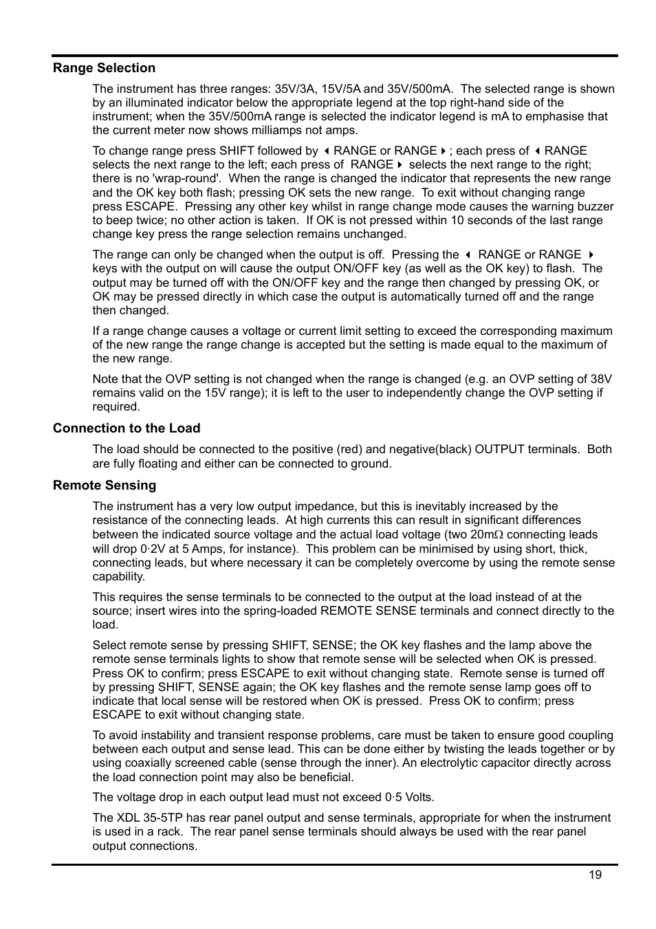 Range selection, Connection to the load, Remote sensing | Xantrex Technology XDL 35-5T User Manual | Page 20 / 180