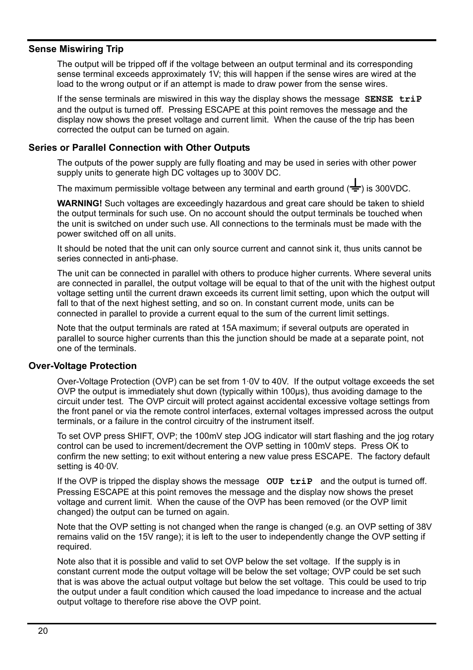 Sense miswiring trip, Series or parallel connection with other outputs, Over-voltage protection | Xantrex Technology XDL 35-5T User Manual | Page 21 / 180