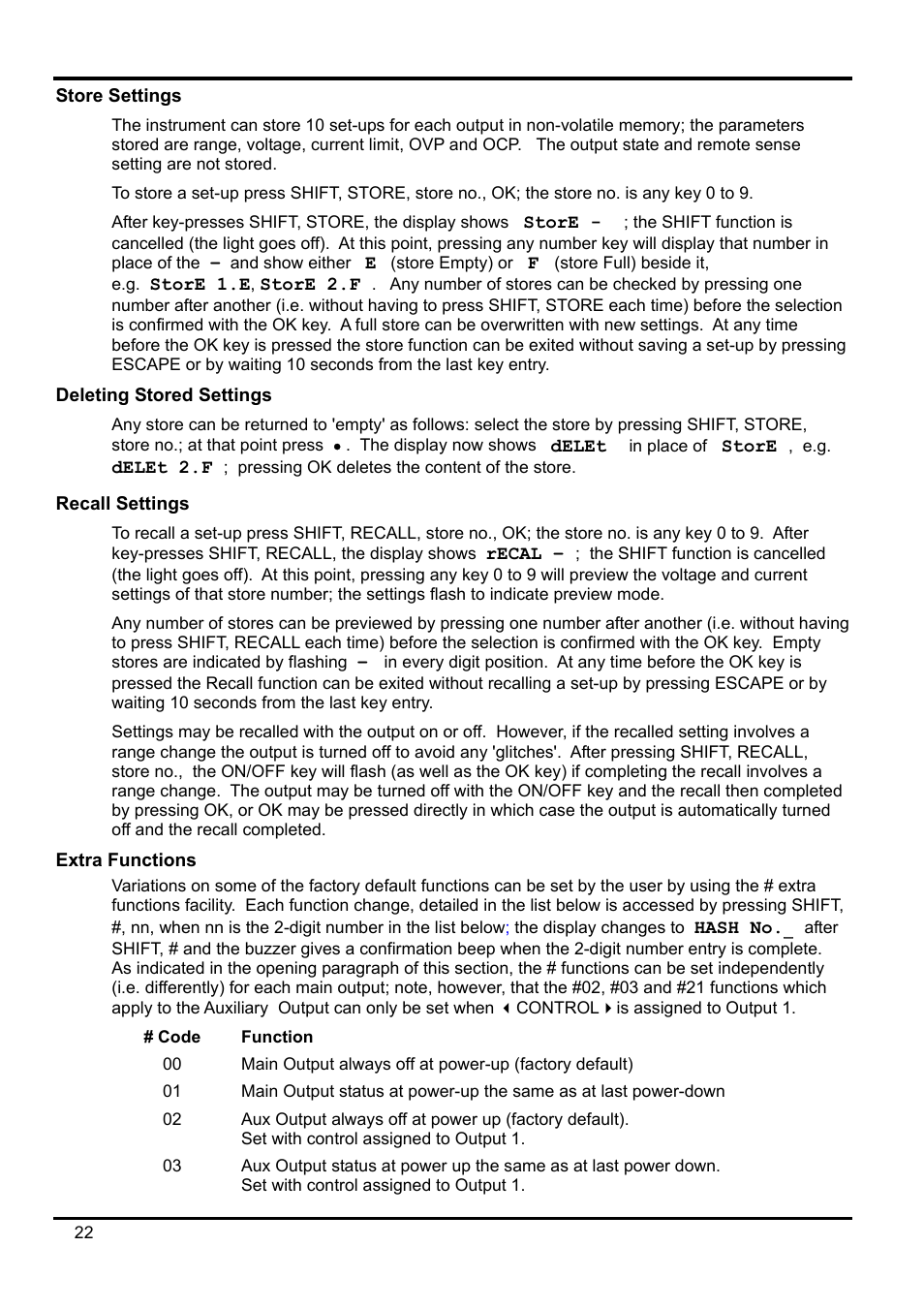 Store settings, Deleting stored settings, Recall settings | Extra functions | Xantrex Technology XDL 35-5T User Manual | Page 23 / 180