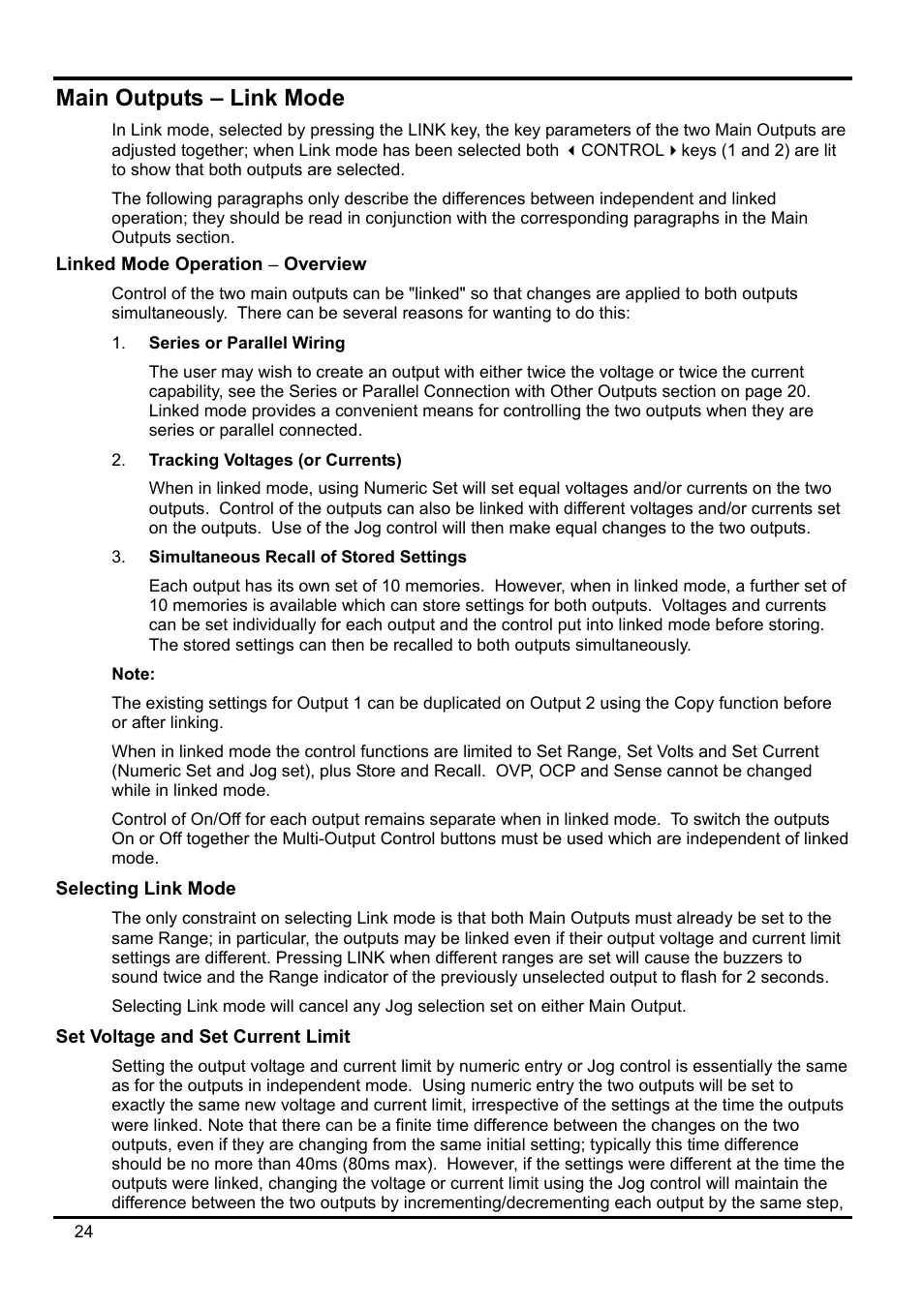 Main outputs – link mode, Linked mode operation ( overview, Selecting link mode | Set voltage and set current limit | Xantrex Technology XDL 35-5T User Manual | Page 25 / 180