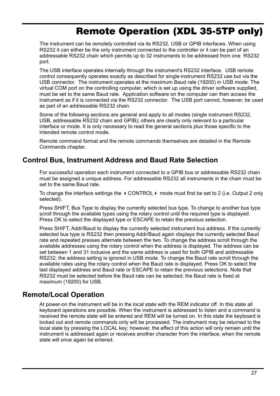 Remote operation (xdl 35-5tp only), Remote/local operation | Xantrex Technology XDL 35-5T User Manual | Page 28 / 180