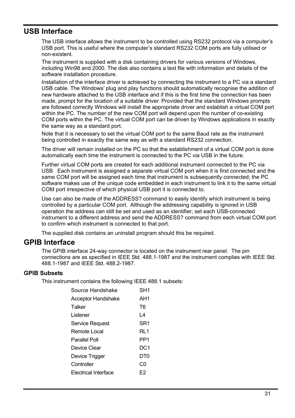 Usb interface, Gpib interface, Gpib subsets | Xantrex Technology XDL 35-5T User Manual | Page 32 / 180