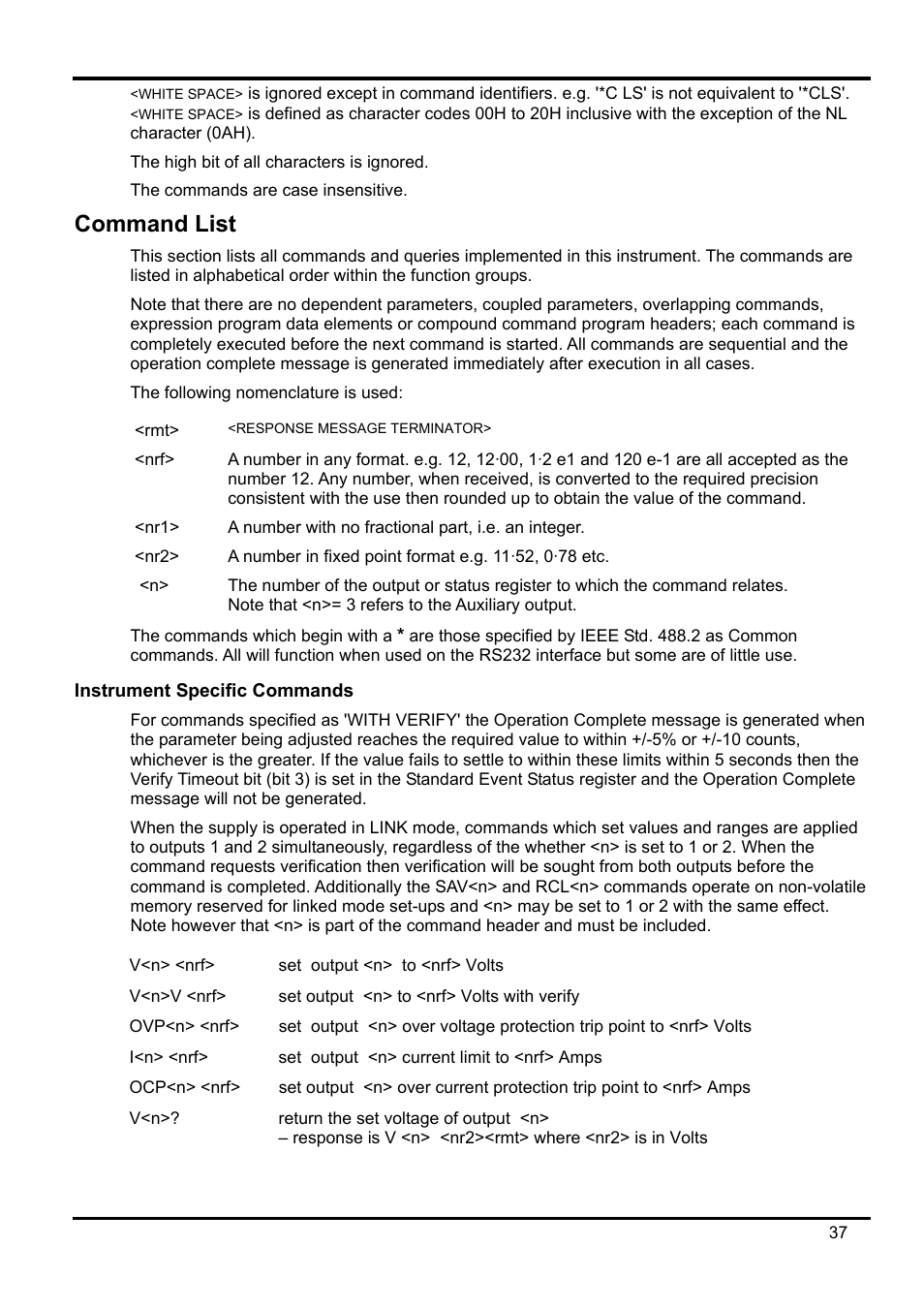 Command list, Instrument specific commands | Xantrex Technology XDL 35-5T User Manual | Page 38 / 180