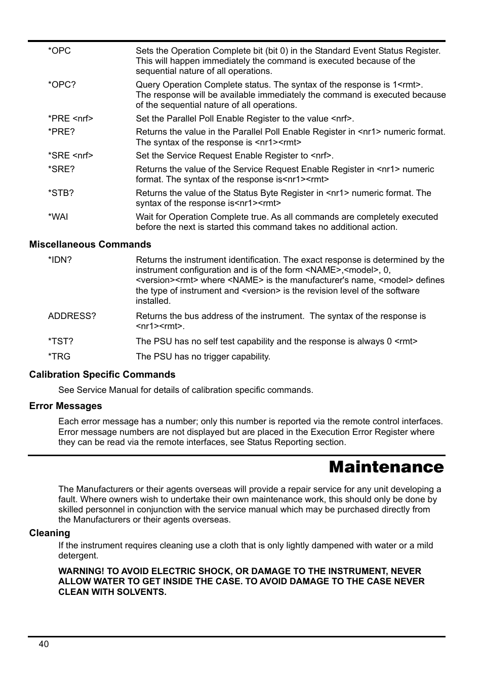 Pre <nrf, Sre <nrf, Miscellaneous commands | Calibration specific commands, Error messages, Maintenance, Cleaning | Xantrex Technology XDL 35-5T User Manual | Page 41 / 180