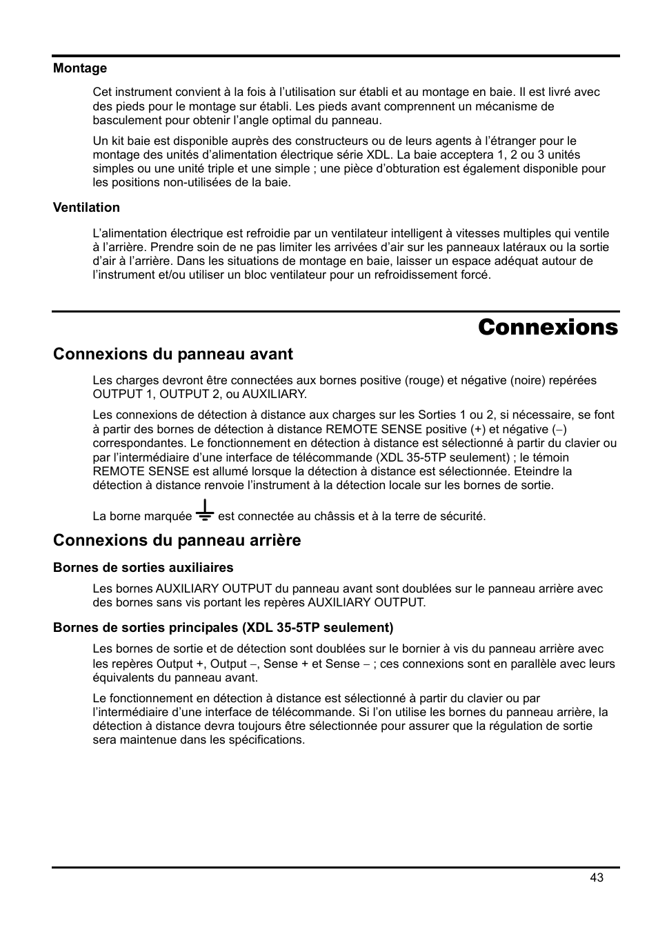 Montage, Ventilation, Connexions | Connexions du panneau avant, Connexions du panneau arrière, Bornes de sorties auxiliaires | Xantrex Technology XDL 35-5T User Manual | Page 45 / 180