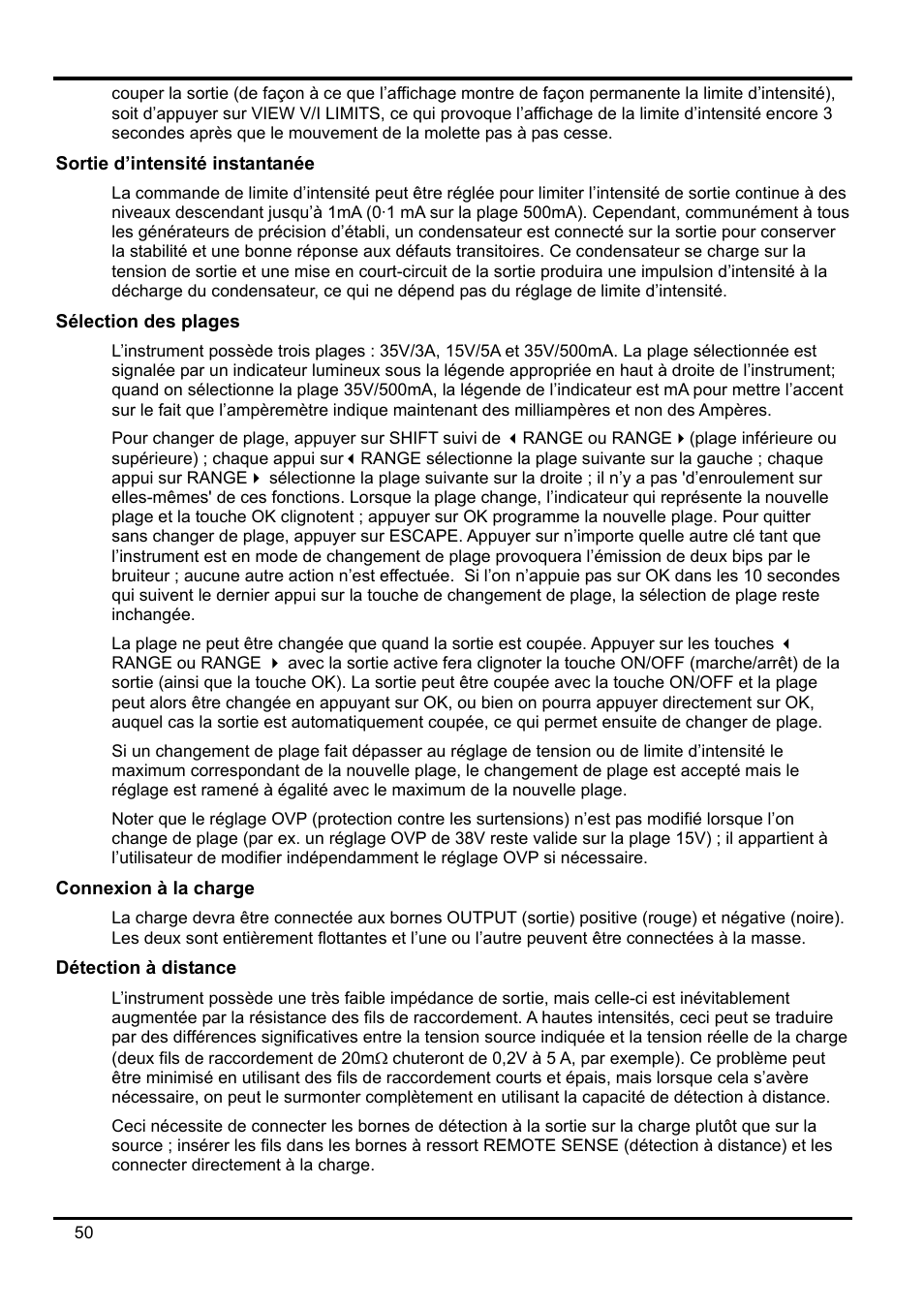 Sortie d’intensité instantanée, Sélection des plages, Connexion à la charge | Détection à distance | Xantrex Technology XDL 35-5T User Manual | Page 52 / 180