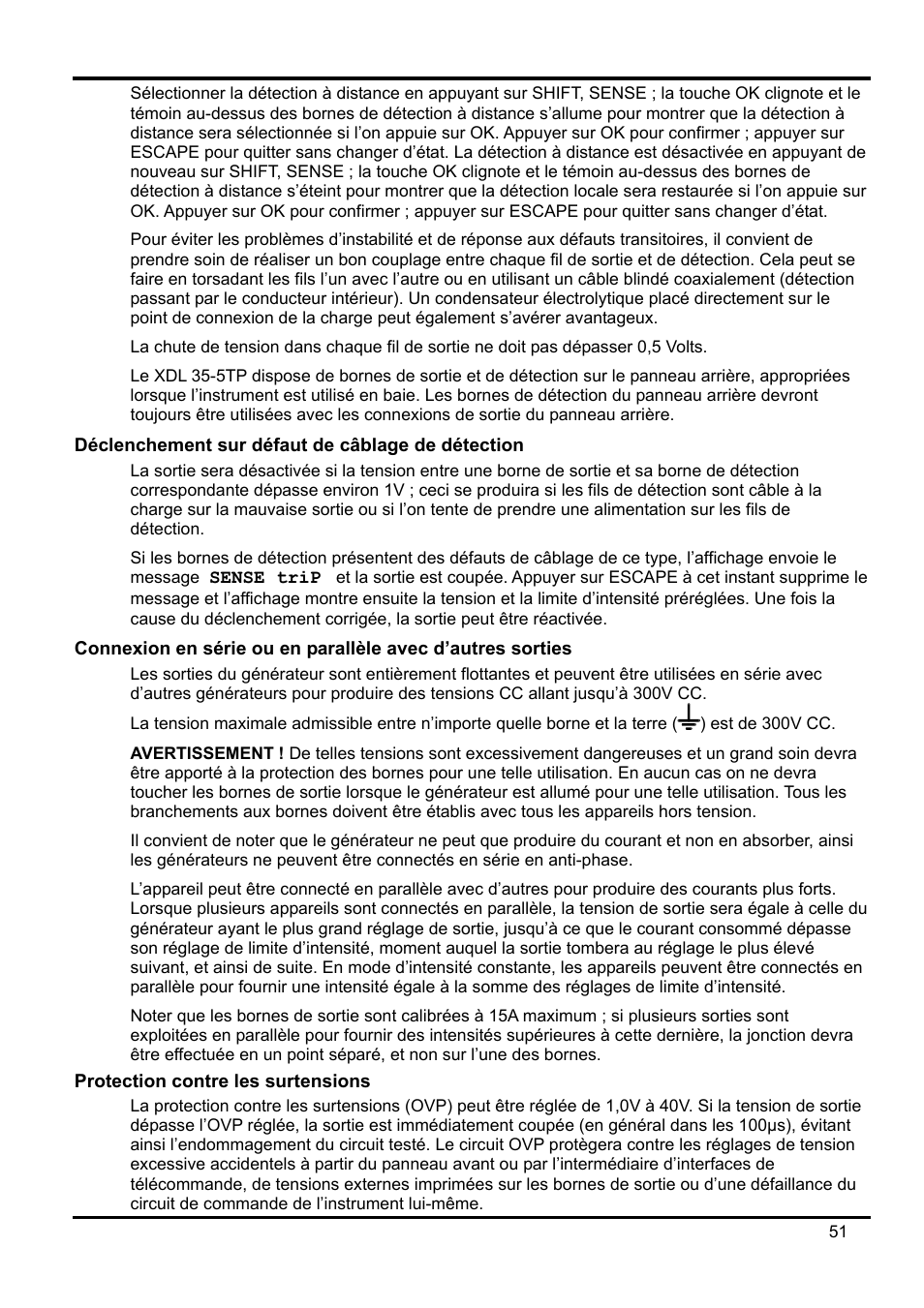 Déclenchement sur défaut de câblage de détecti, Connexion en série ou en parallèle avec d’autres, Protection contre les surtensions | Xantrex Technology XDL 35-5T User Manual | Page 53 / 180